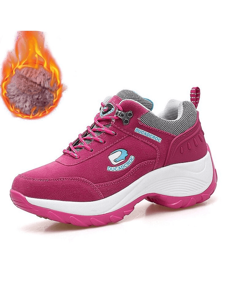 Hot pink sports fur women's sneakers with insulation and suede design, featuring a non-slip sole and lace-up closure for stylish warmth.